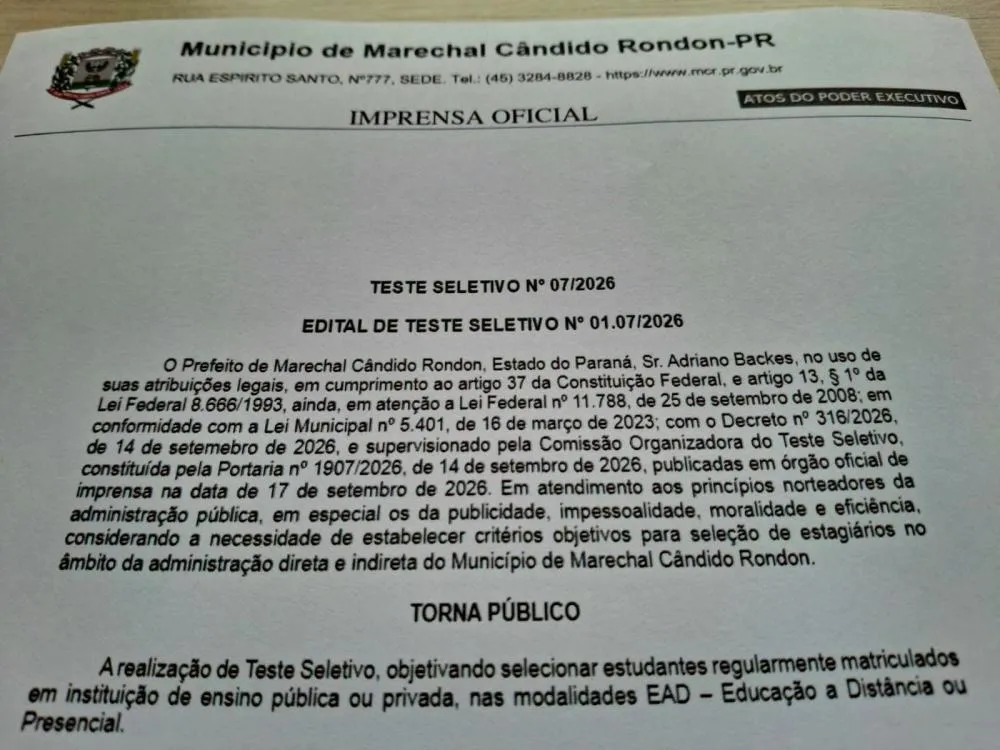Abertas as inscrições ao teste seletivo de estagiários da prefeitura de Marechal Rondon