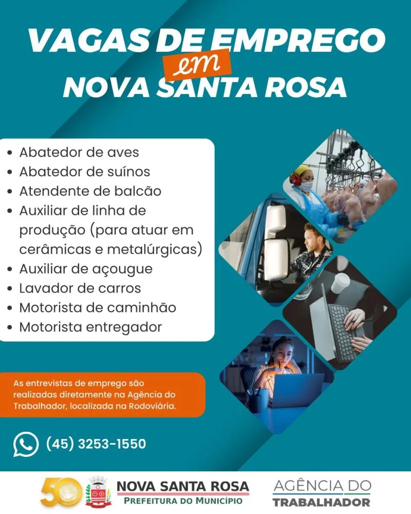Agência do Trabalhador divulga vagas de emprego para esta terça-feira em Nova Santa Rosa